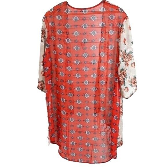 Tua Boho Kimono Top Orange Brown Small Fringe Wide Sleeves Open Sheer Floral - Picture 3 of 4